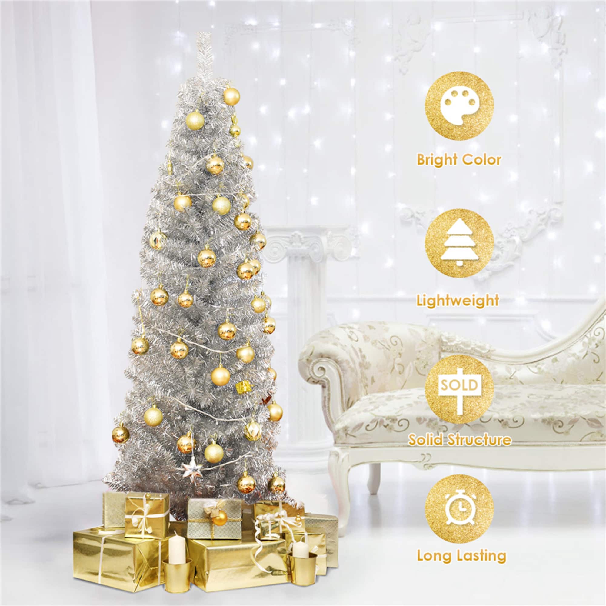 Costway 6ft. Unlit Silver Slim Pencil Tinsel Artificial Christmas Tree